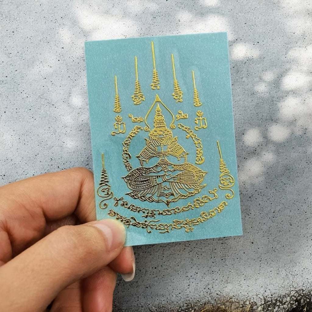 Yant Phra Phrom See Na Four-Faced Brahma omniscient blessing gold embossed Thai yantra sticker