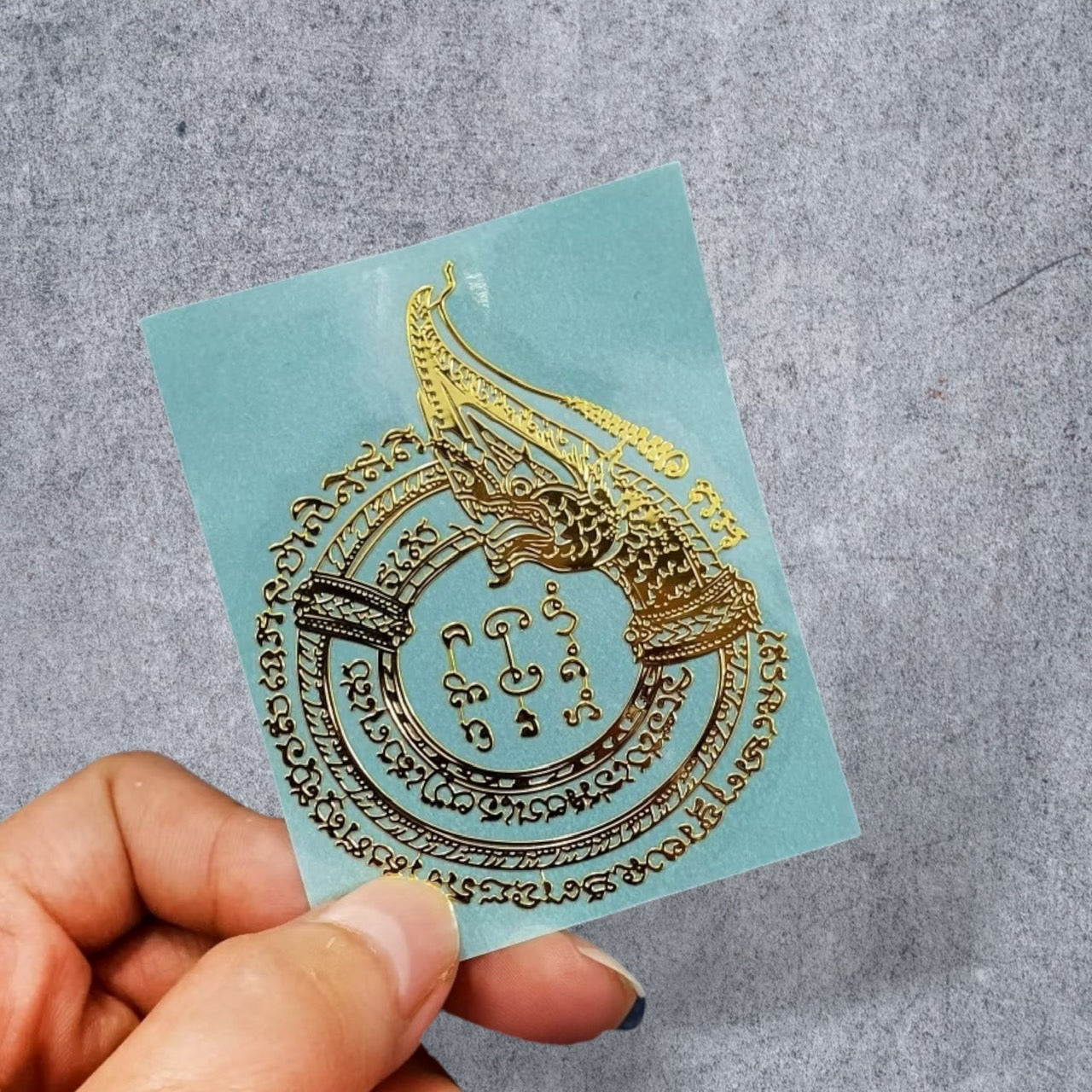 Yant Ha Taew Broken Chest five-line gold embossed Thai yantra sticker with heart