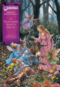 Illustrated book cover of 'A Midsummer Night's Dream' with fairies and a donkey in a forest setting.