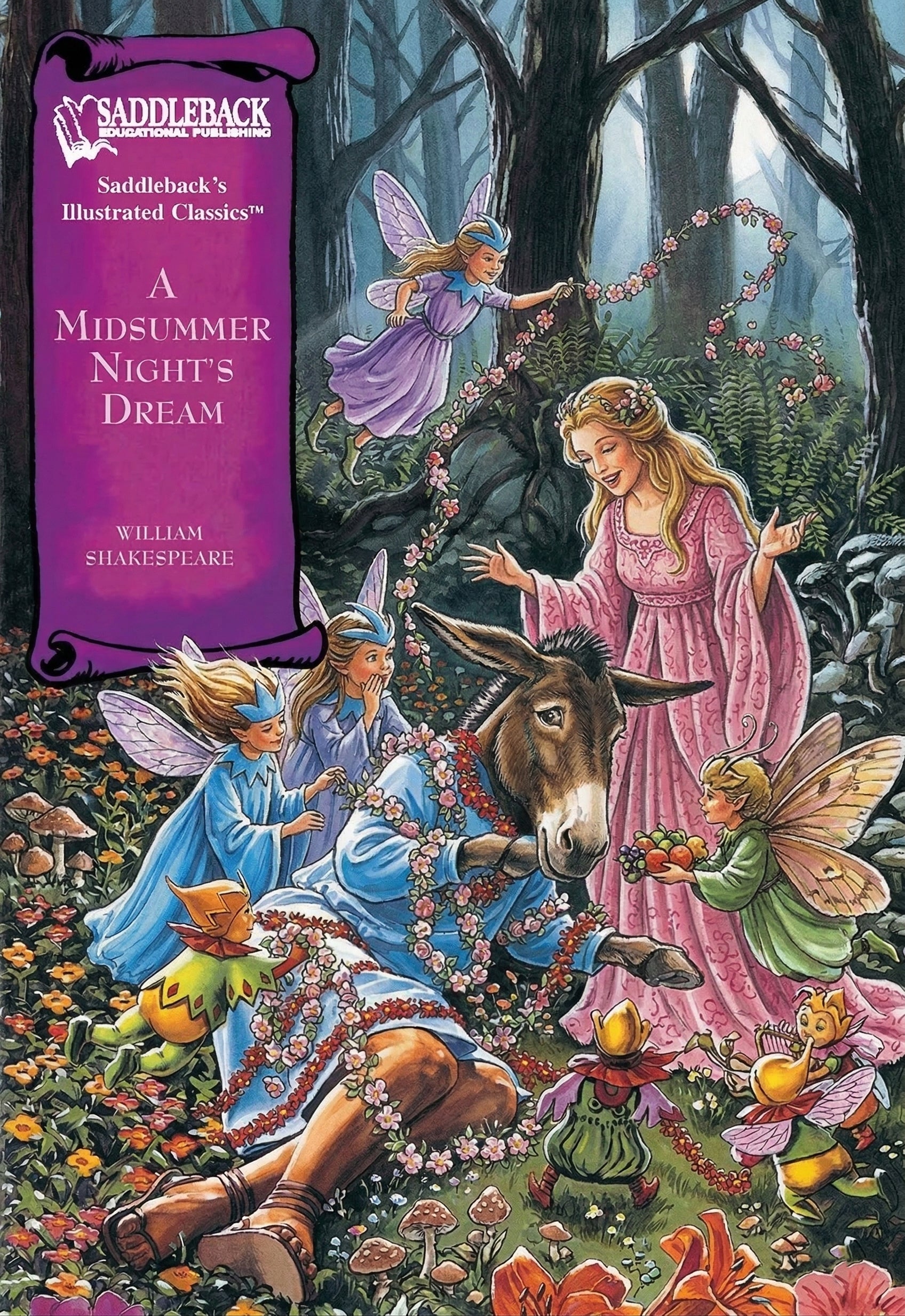 Illustrated book cover of 'A Midsummer Night's Dream' with fairies and a donkey in a forest setting.