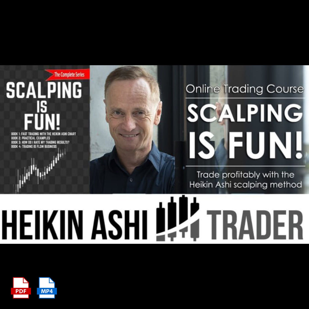 Promotional graphic for an online trading course titled 'Scalping is Fun!' featuring a smiling man in a dark shirt, trading chart graphics, and the text 'Heikin Ashi Trader' on a black background with white lettering.