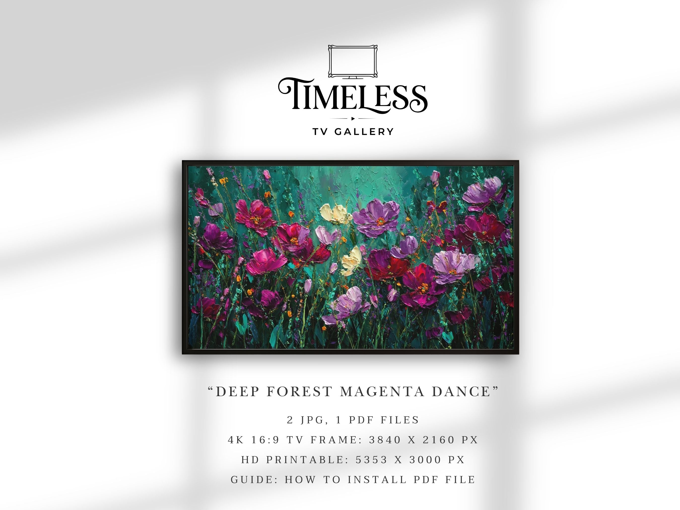 Framed artwork of colorful flowers with 'Timeless TV Gallery' branding on a white background.