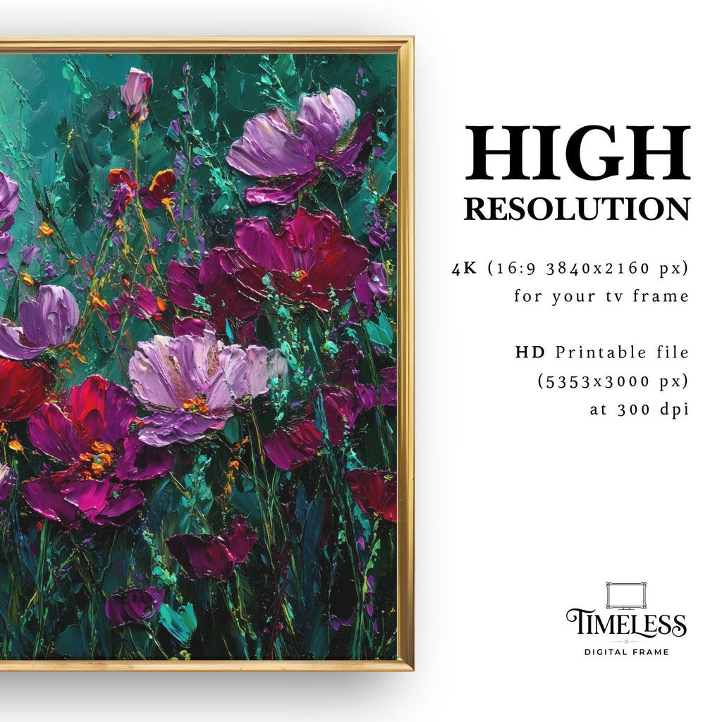 Framed painting of purple flowers with text about high-resolution options and 'Timeless Digital Frame' branding.