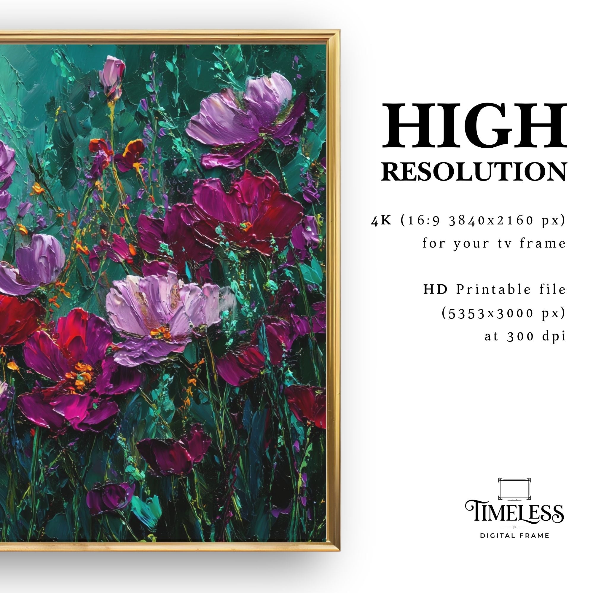 Framed painting of purple flowers with text about high-resolution options and 'Timeless Digital Frame' branding.