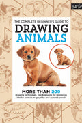 Book cover of 'The Complete Beginner's Guide to Drawing Animals' with a dog illustration on a beige background with animal sketches.