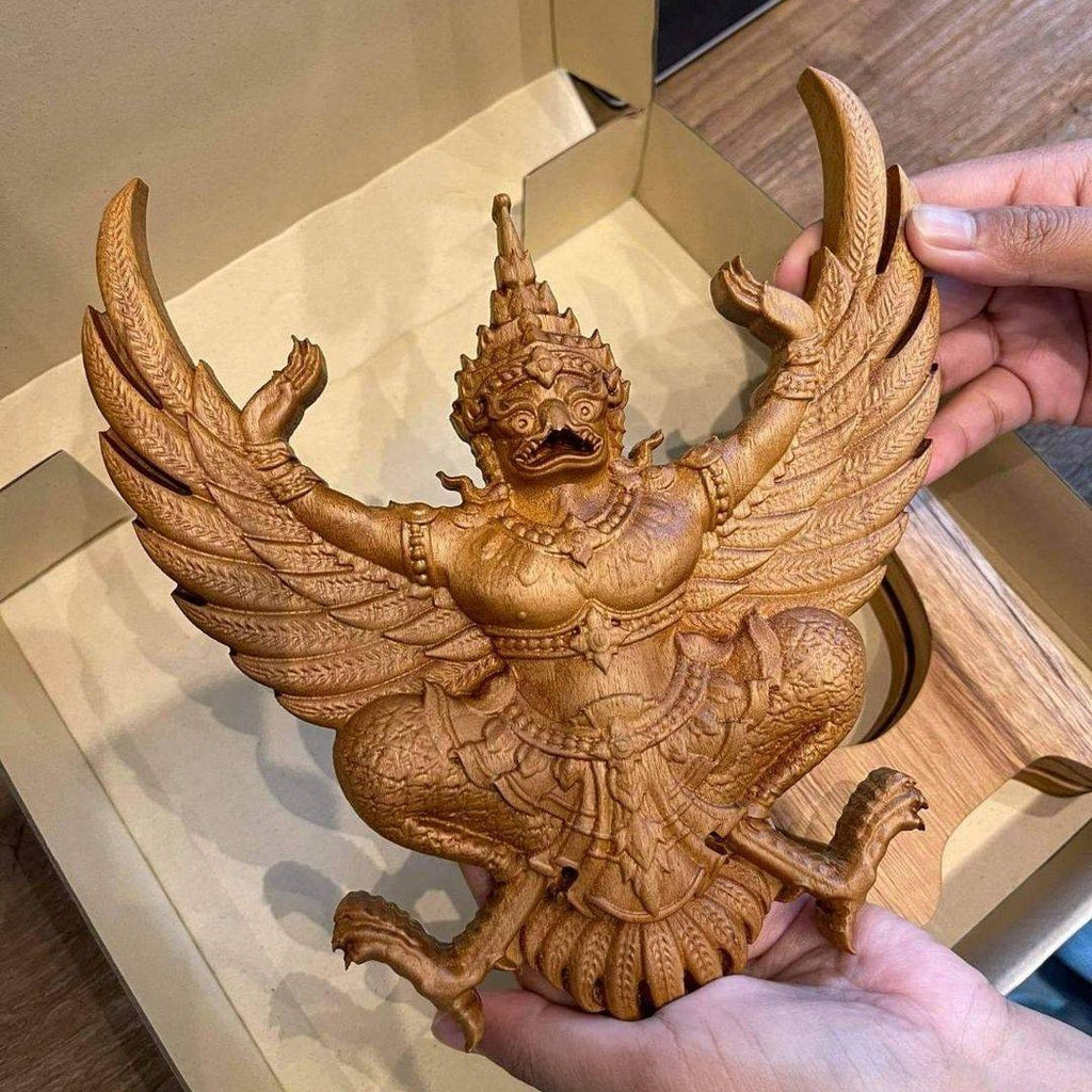 Exquisite Thailand Garuda Teak Wood Carving: Handcrafted Tabletop Sculpture