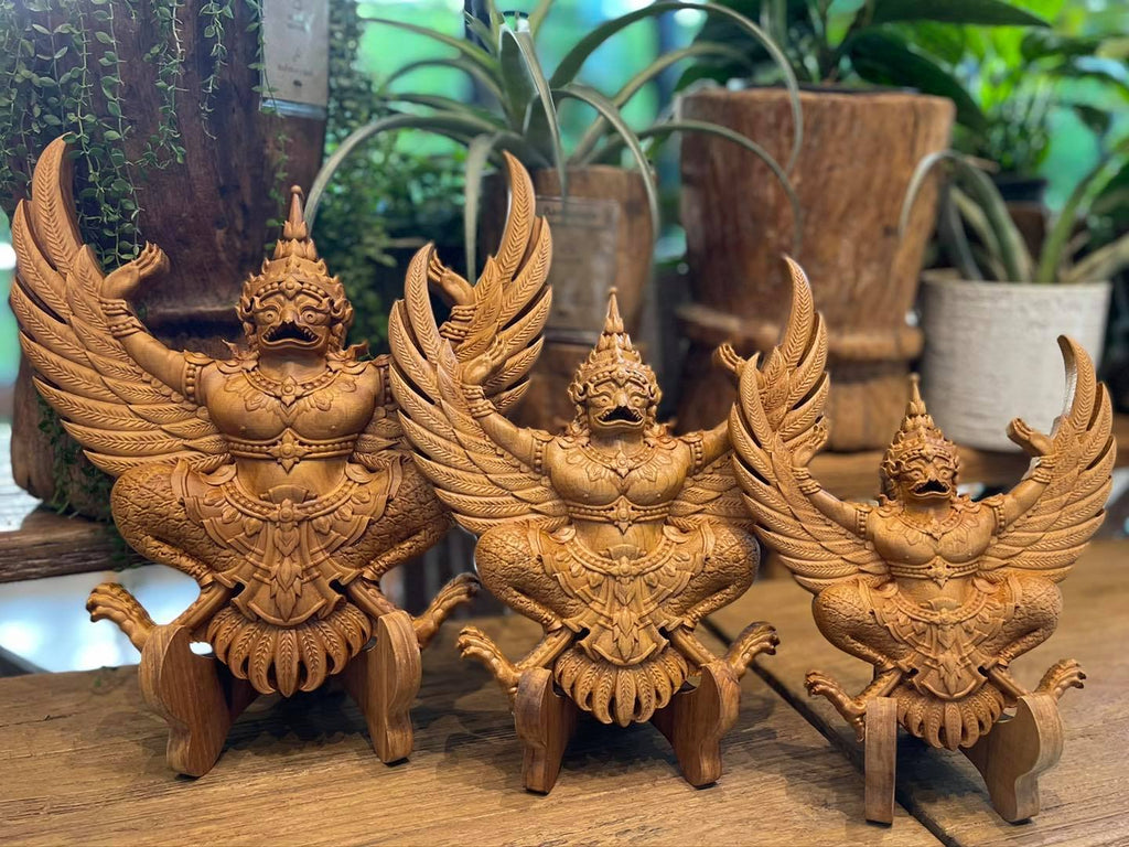 Exquisite Thailand Garuda Teak Wood Carving: Handcrafted Tabletop Sculpture