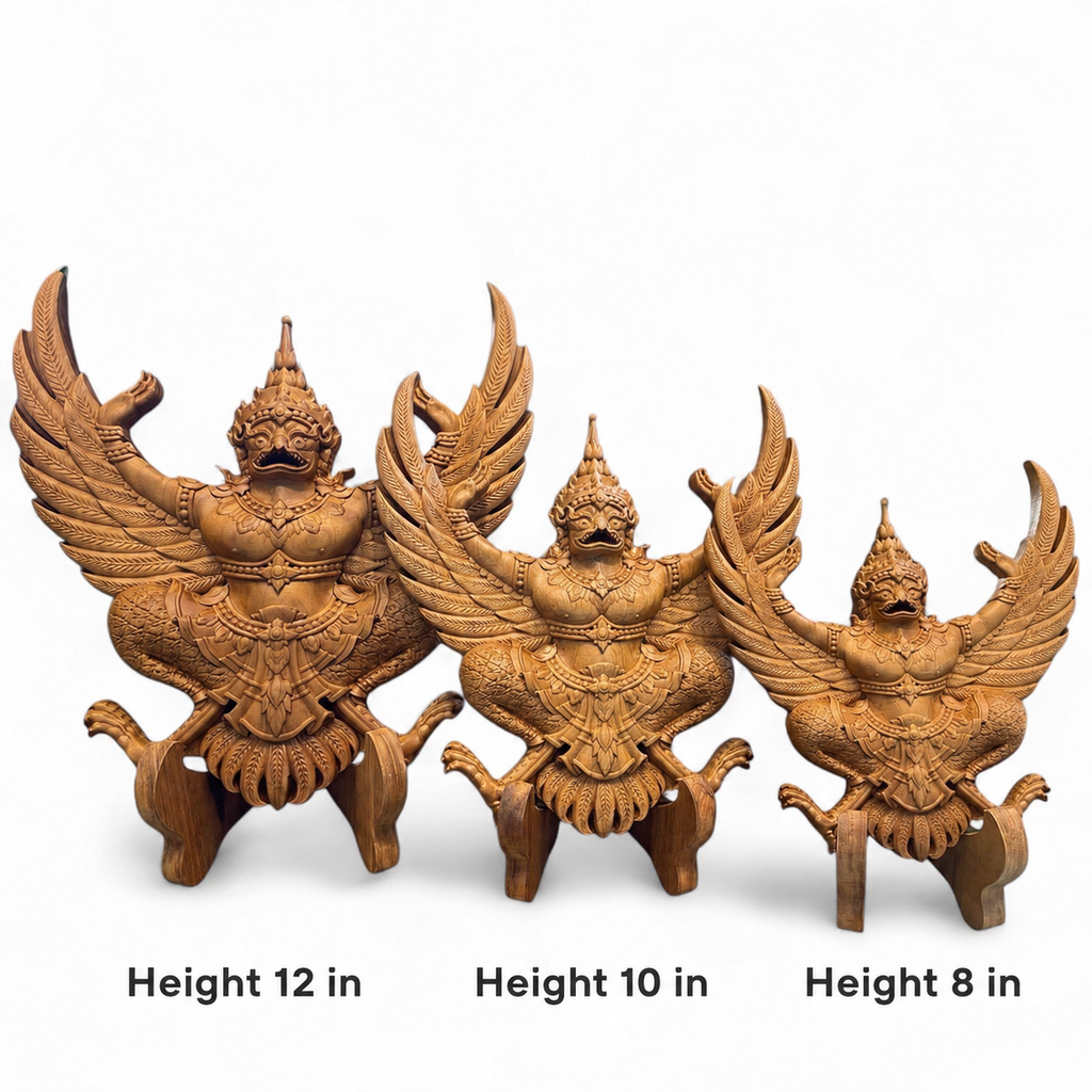 Exquisite Thailand Garuda Teak Wood Carving: Handcrafted Tabletop Sculpture