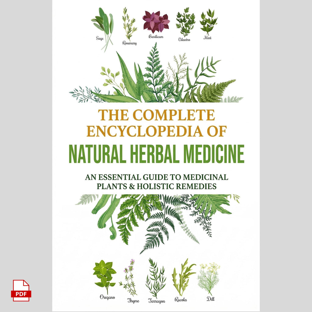 Book cover of 'The Complete Encyclopedia of Natural Herbal Medicine' with illustrations of plants on a white background.