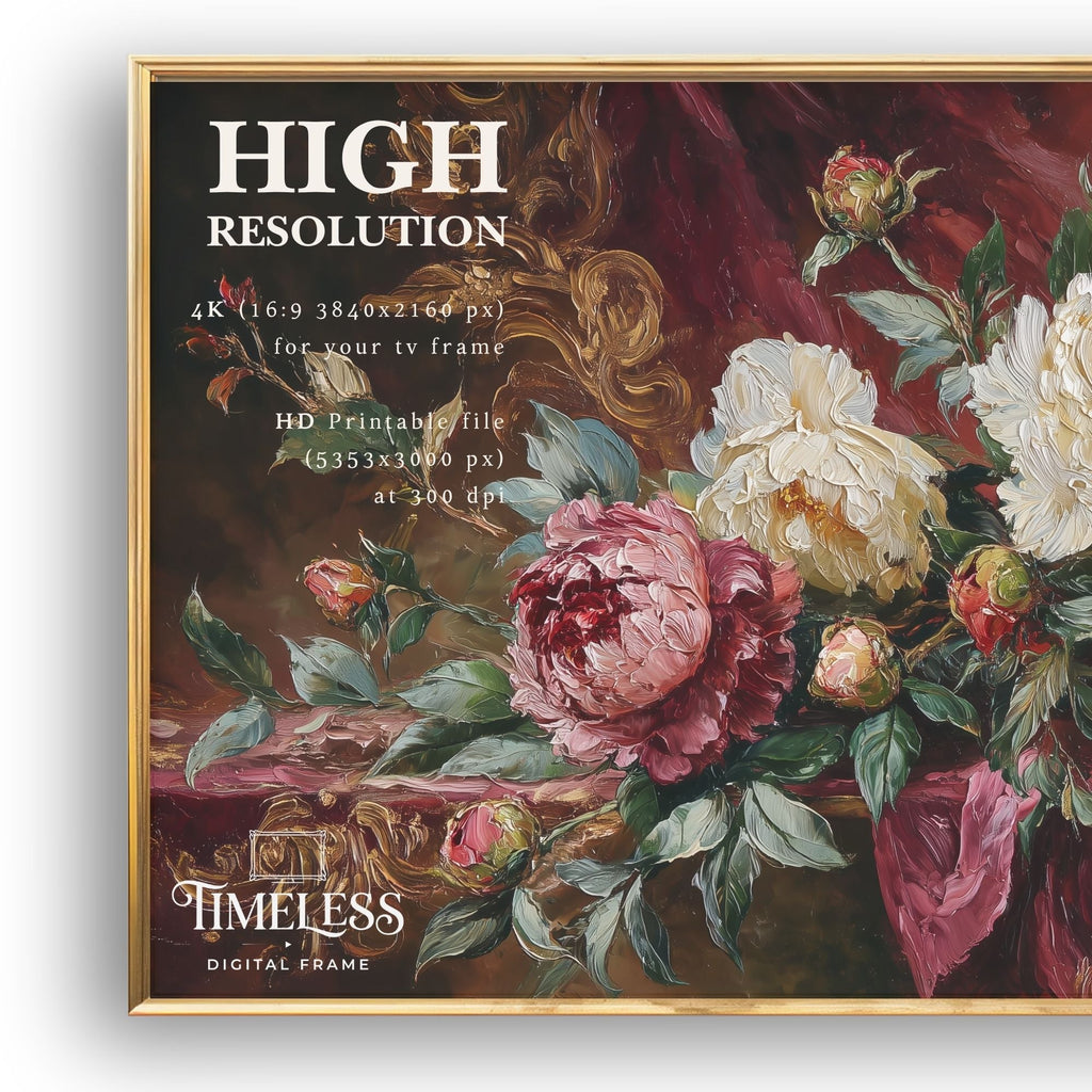 Royal Peonies in Crimson #337 | Dark Floral Peony Art for Samsung Frame TV | Digital Download 4K TV Art