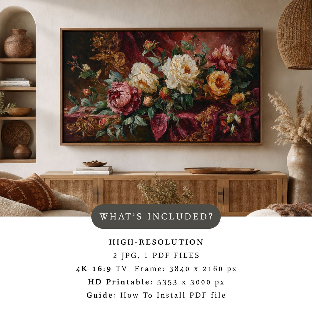 Royal Peonies in Crimson #337 | Dark Floral Peony Art for Samsung Frame TV | Digital Download 4K TV Art
