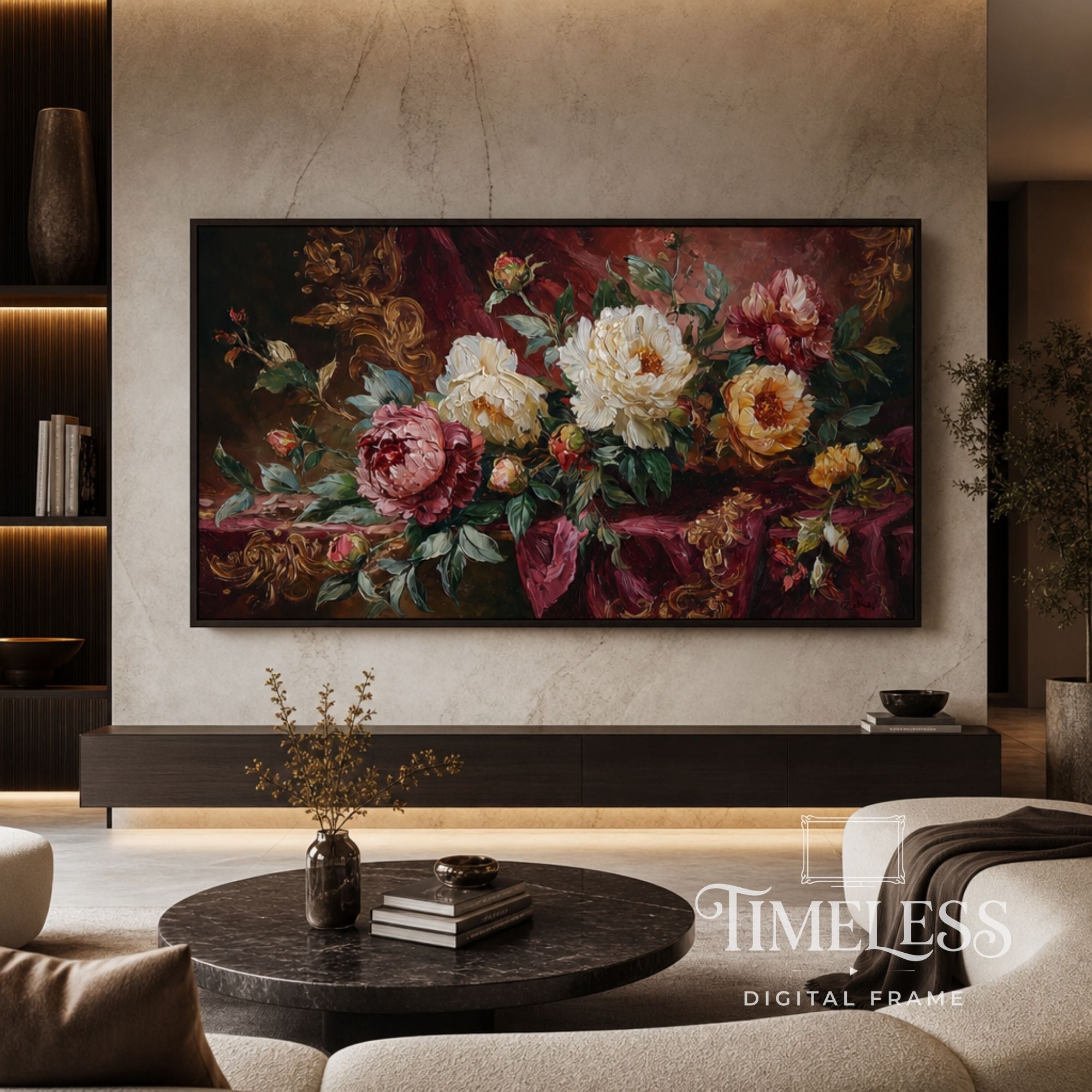 Royal Peonies in Crimson #337 | Dark Floral Peony Art for Samsung Frame TV | Digital Download 4K TV Art
