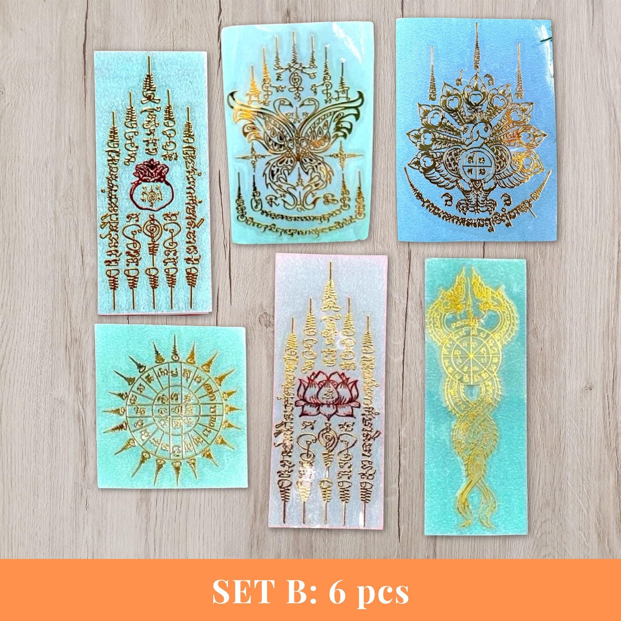 Thai Yantra Amulet Sticker: Gold Embossed Talisman, Waterproof Decal | Set B