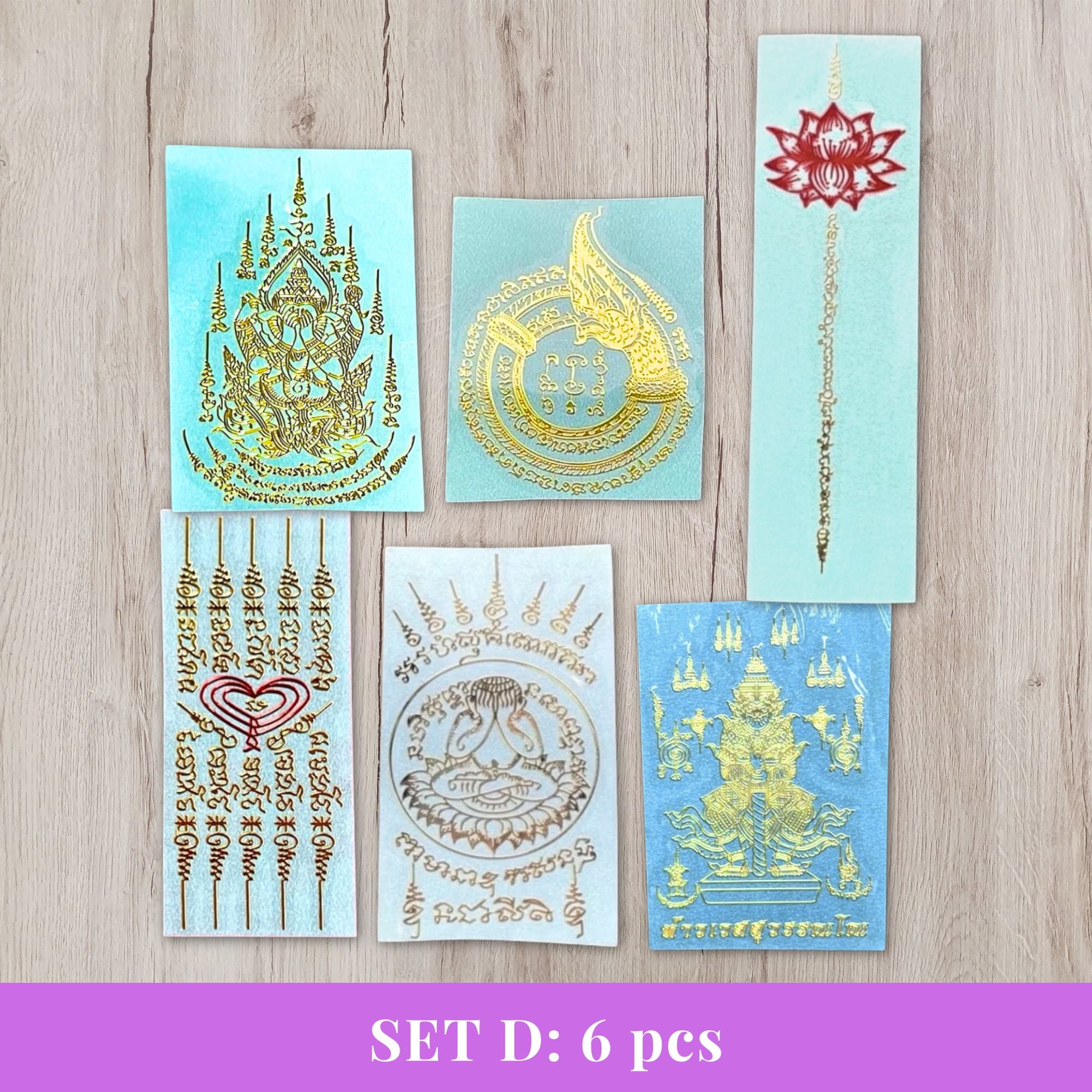 Thai Yantra Amulet Sticker Set D - all 6 designs gold embossed metallic talisman