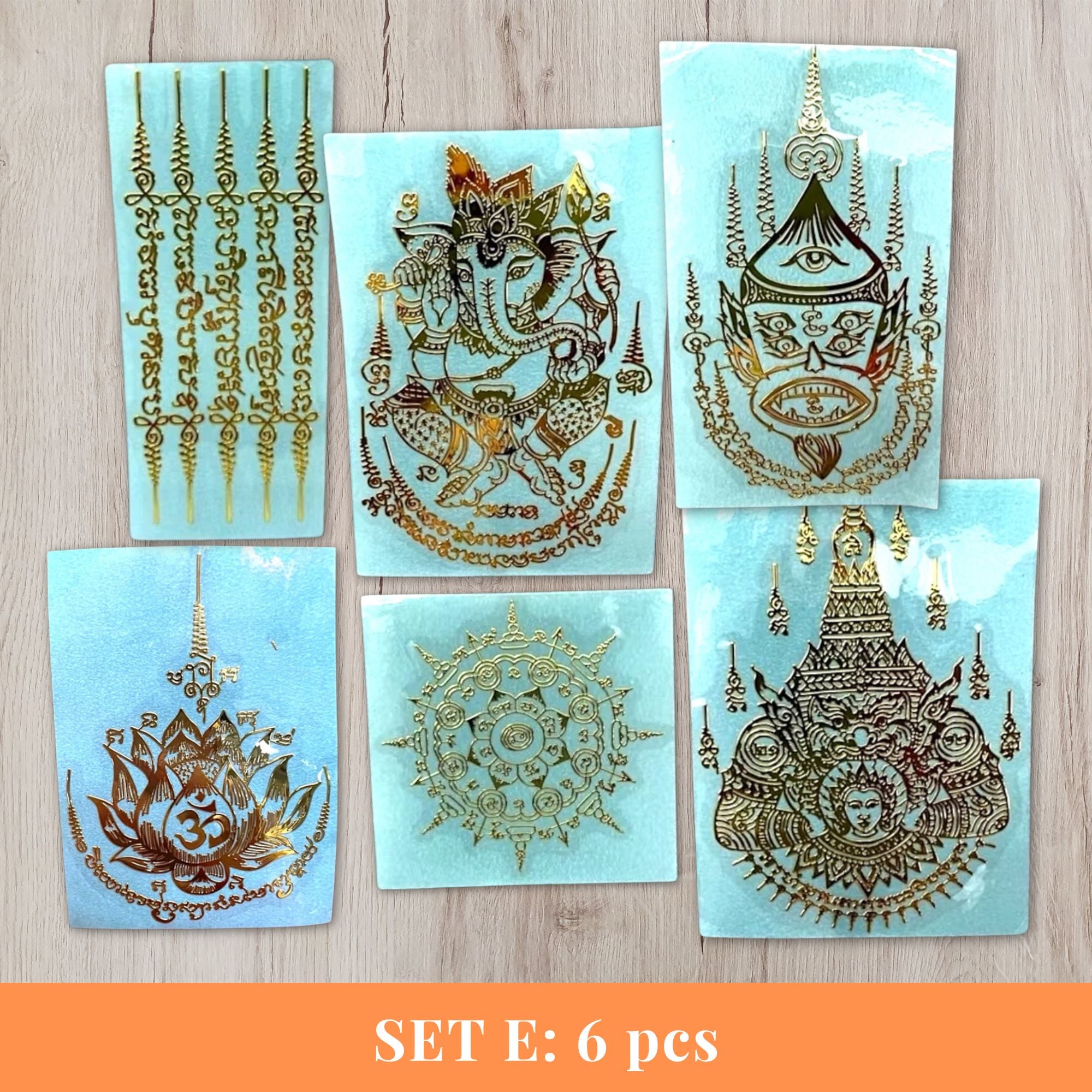 Thai Yantra Amulet Sticker Set E - all 6 designs gold embossed metallic talisman