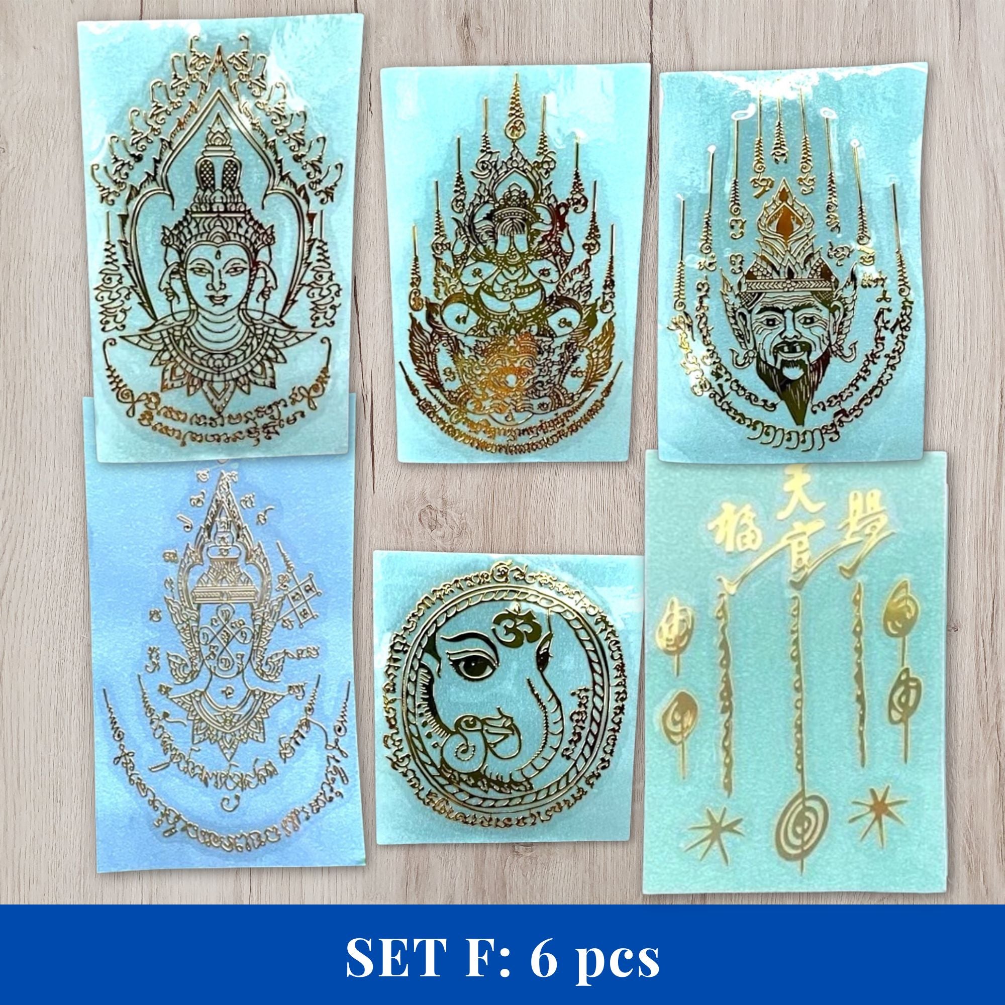 Thai Yantra Amulet Sticker Set F - all 6 designs gold embossed metallic talisman