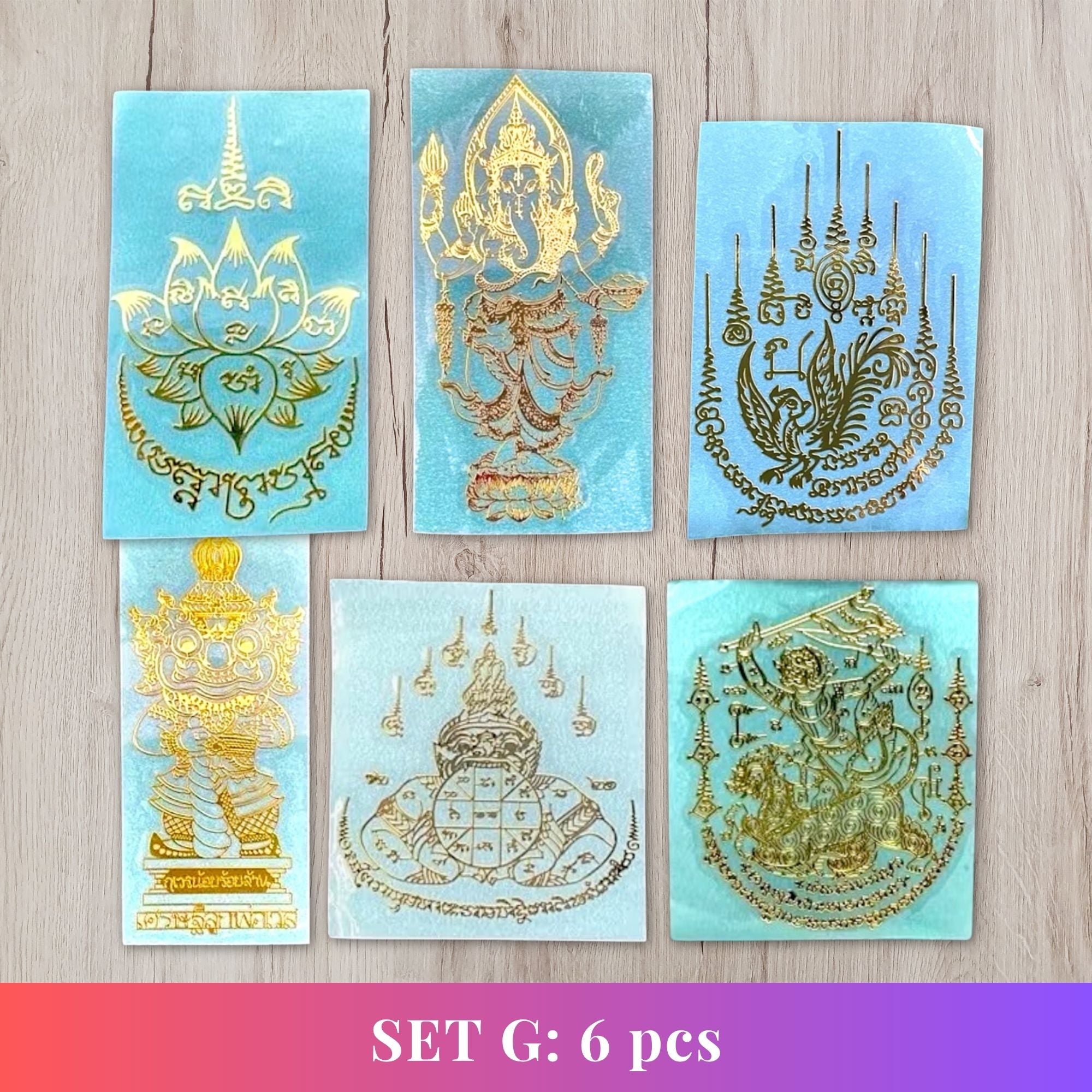 Thai Yantra Amulet Sticker Set G - all 6 designs gold embossed metallic talisman