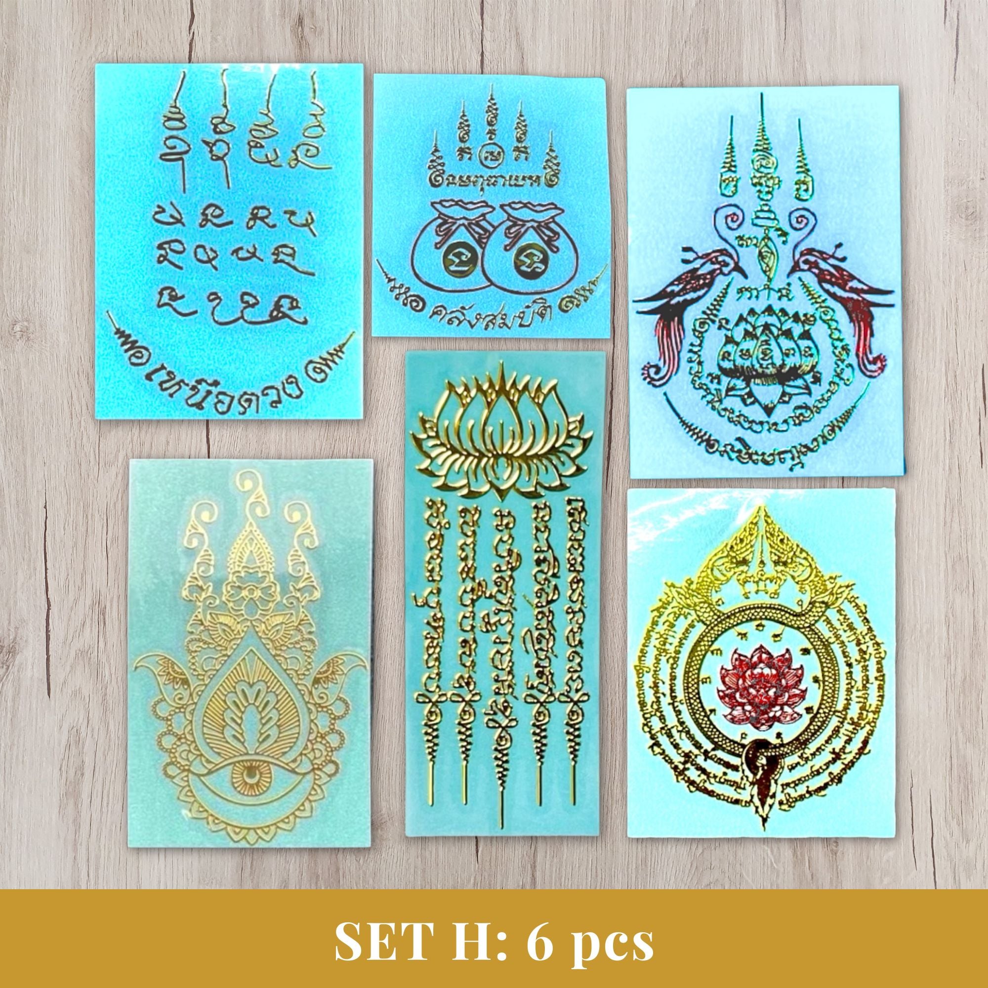Thai Yantra Amulet Sticker Set H - all 6 designs gold embossed metallic talisman
