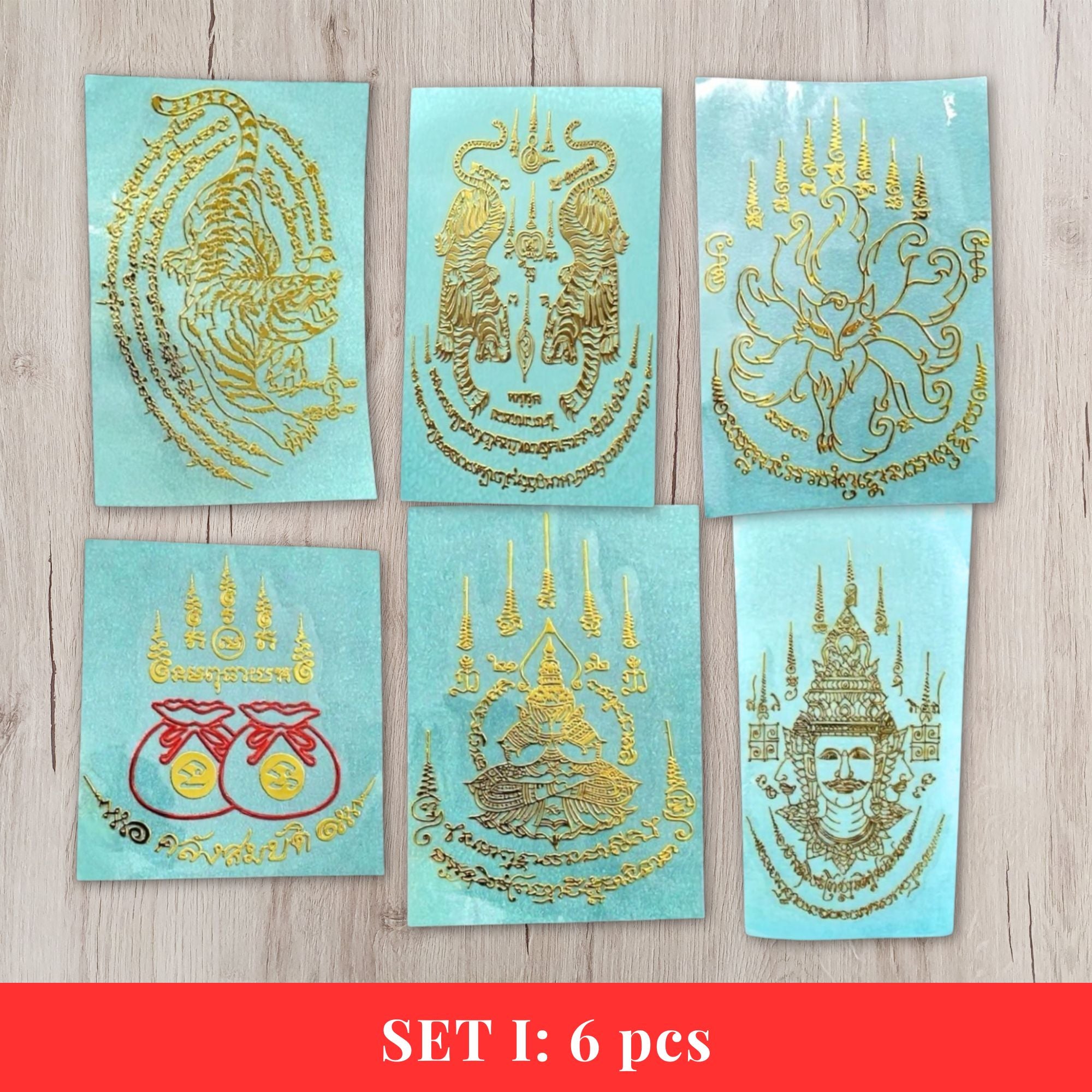 Thai Yantra Amulet Sticker Set I - all 6 designs gold embossed metallic talisman