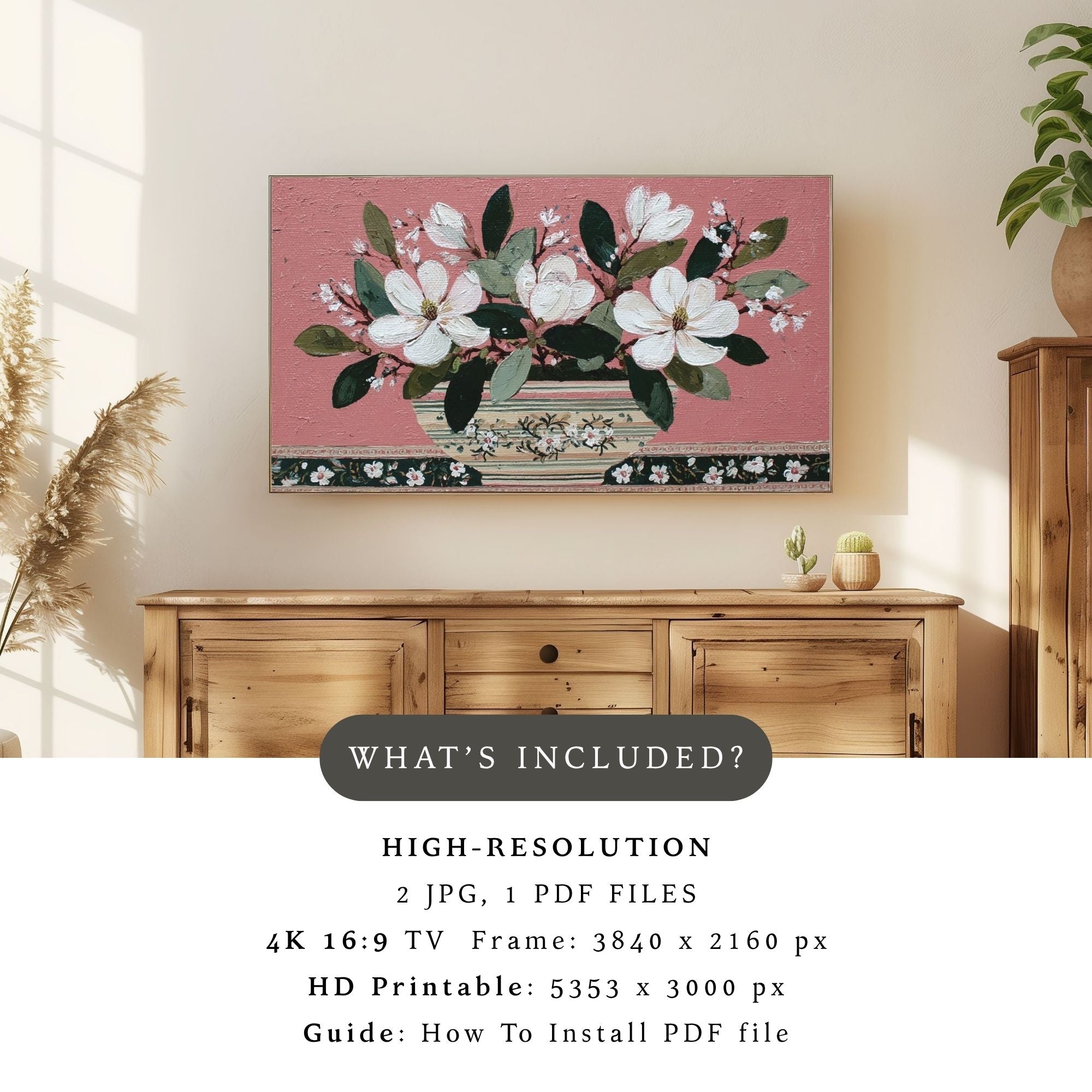 Sunday Morning Magnolia Folk Art in Dusty Rose #21 | Samsung Frame TV Art | Digital Download