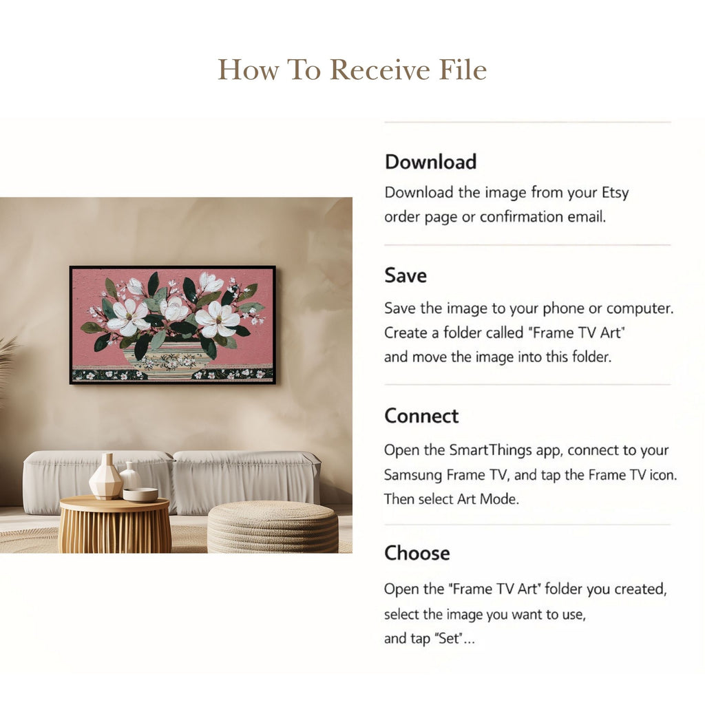 Sunday Morning Magnolia Folk Art in Dusty Rose #21 | Samsung Frame TV Art | Digital Download
