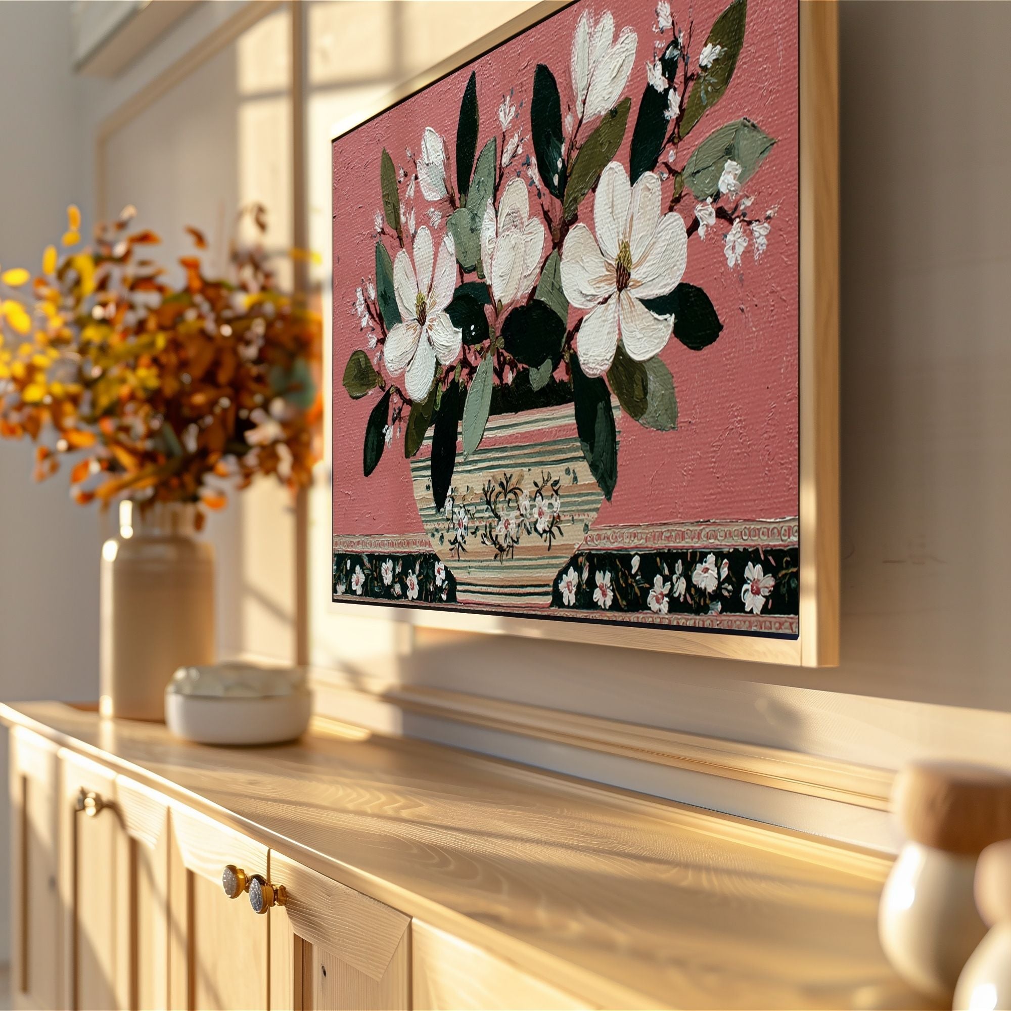 Sunday Morning Magnolia Folk Art in Dusty Rose #21 | Samsung Frame TV Art | Digital Download
