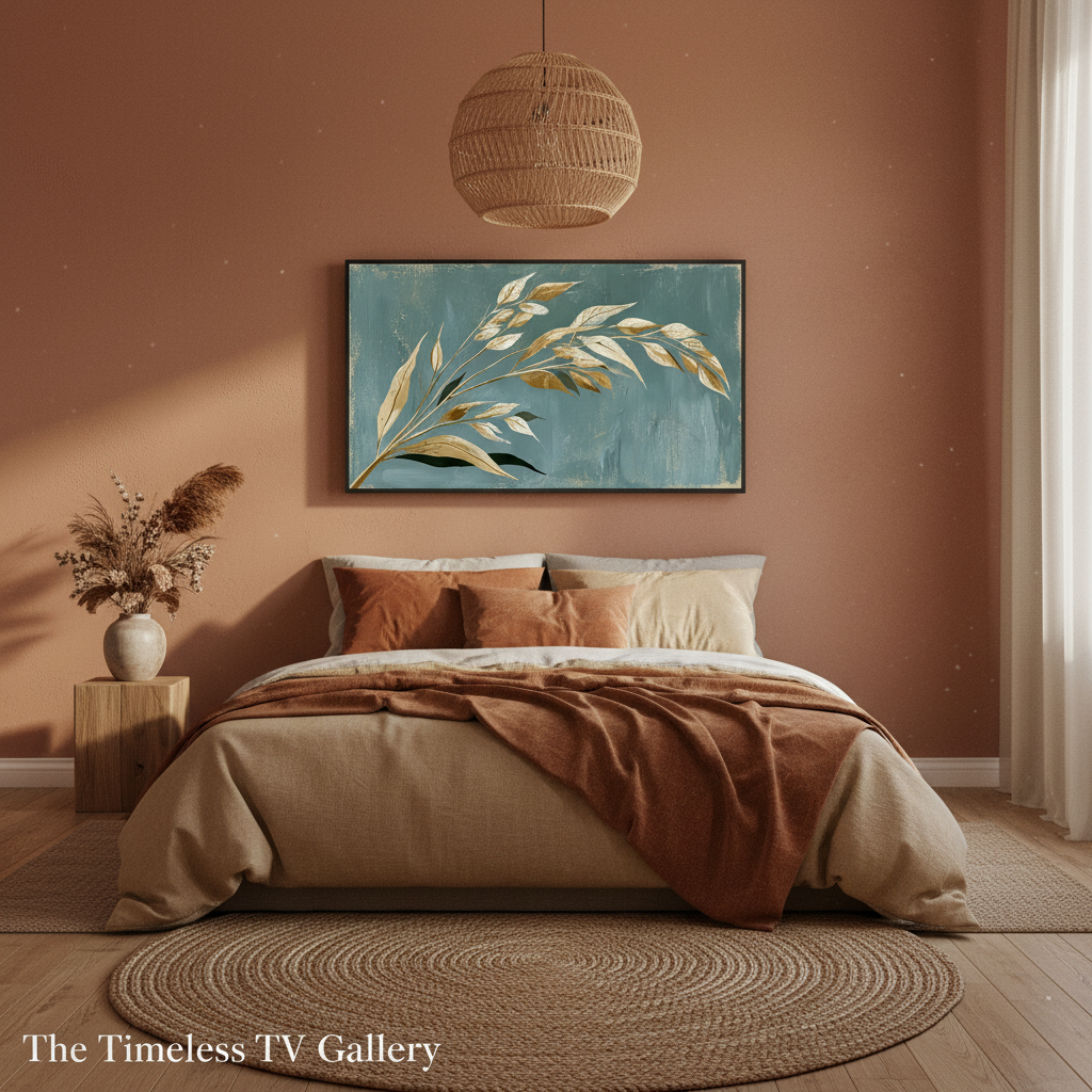 Golden Reed in the Teal Wind #551 displayed on Samsung Frame TV in a warm bohemian bedroom