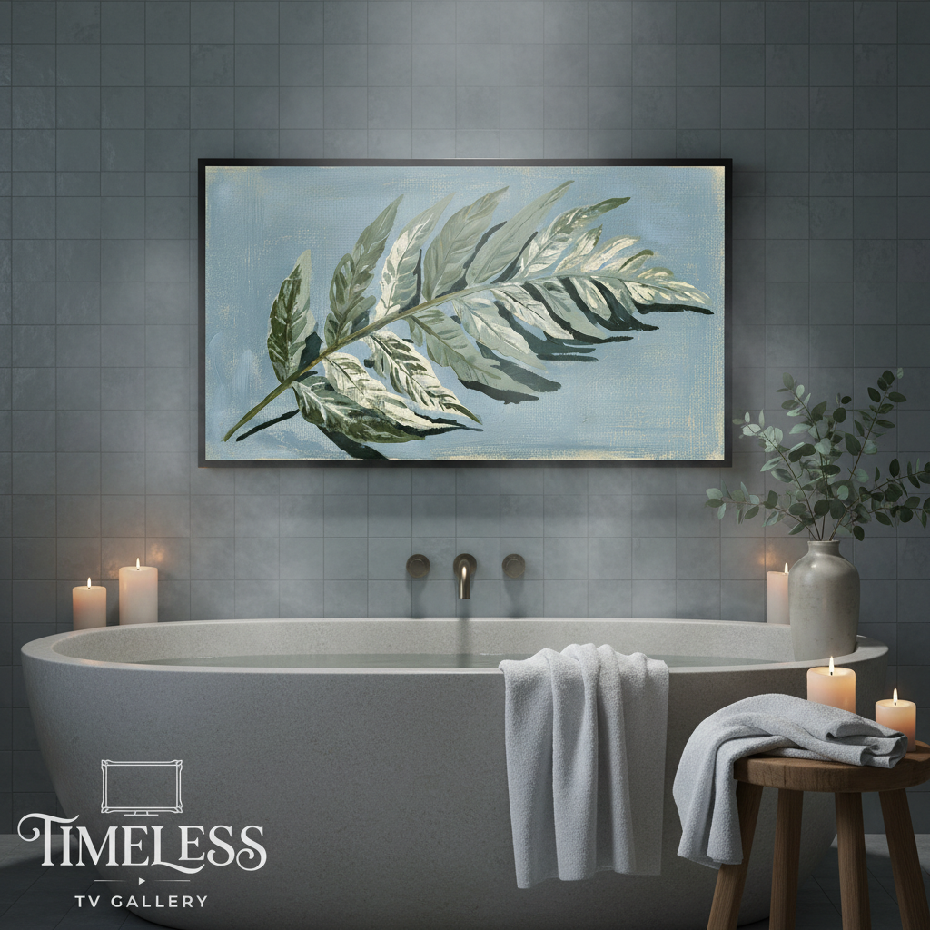 Silver Frond in Dusty Blue displayed on Samsung Frame TV in a luxury spa bathroom