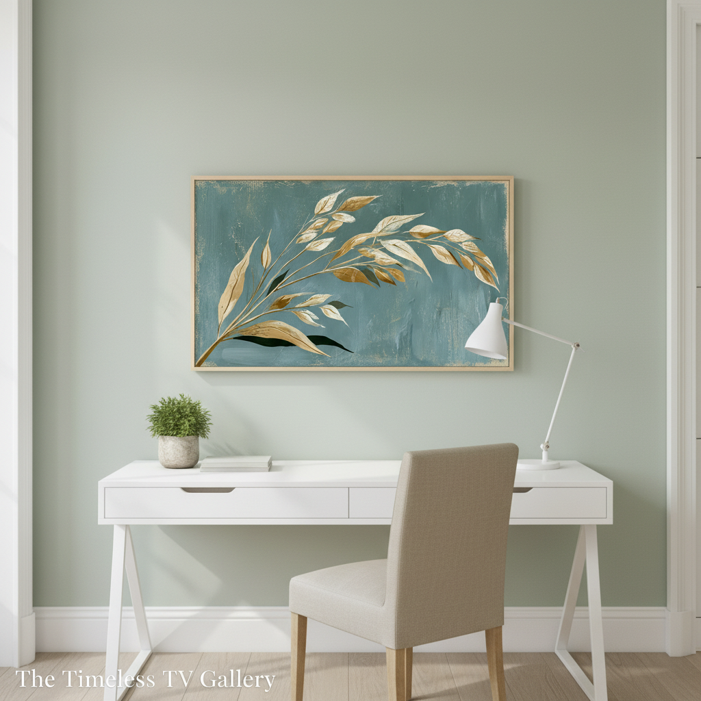 Golden Reed in the Teal Wind #551 displayed on Samsung Frame TV in a Scandinavian home office