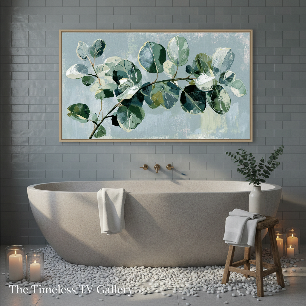 Silver Dollar Eucalyptus displayed on Samsung Frame TV in a luxury spa bathroom