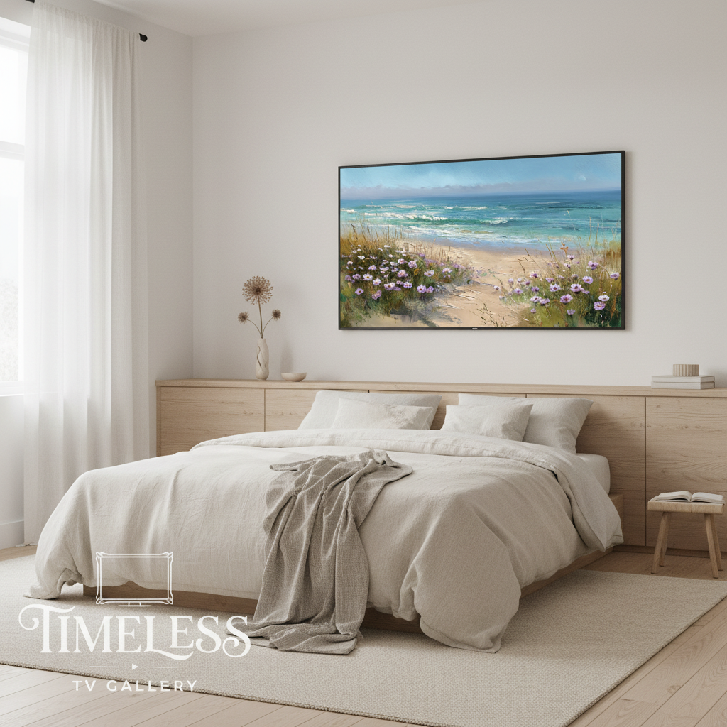 Samsung Frame TV art mockup in Scandinavian bedroom