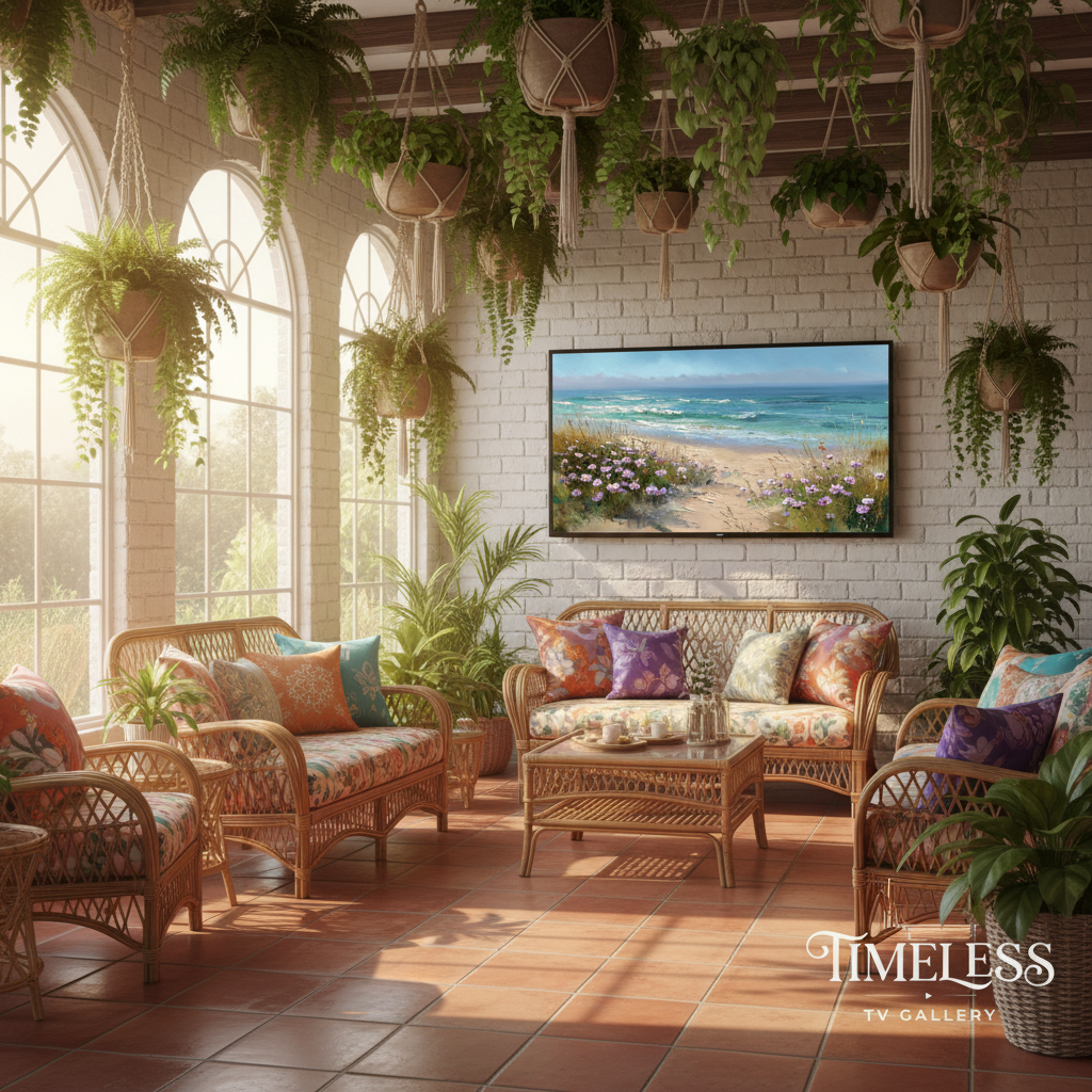 Samsung Frame TV art mockup in boho sunroom