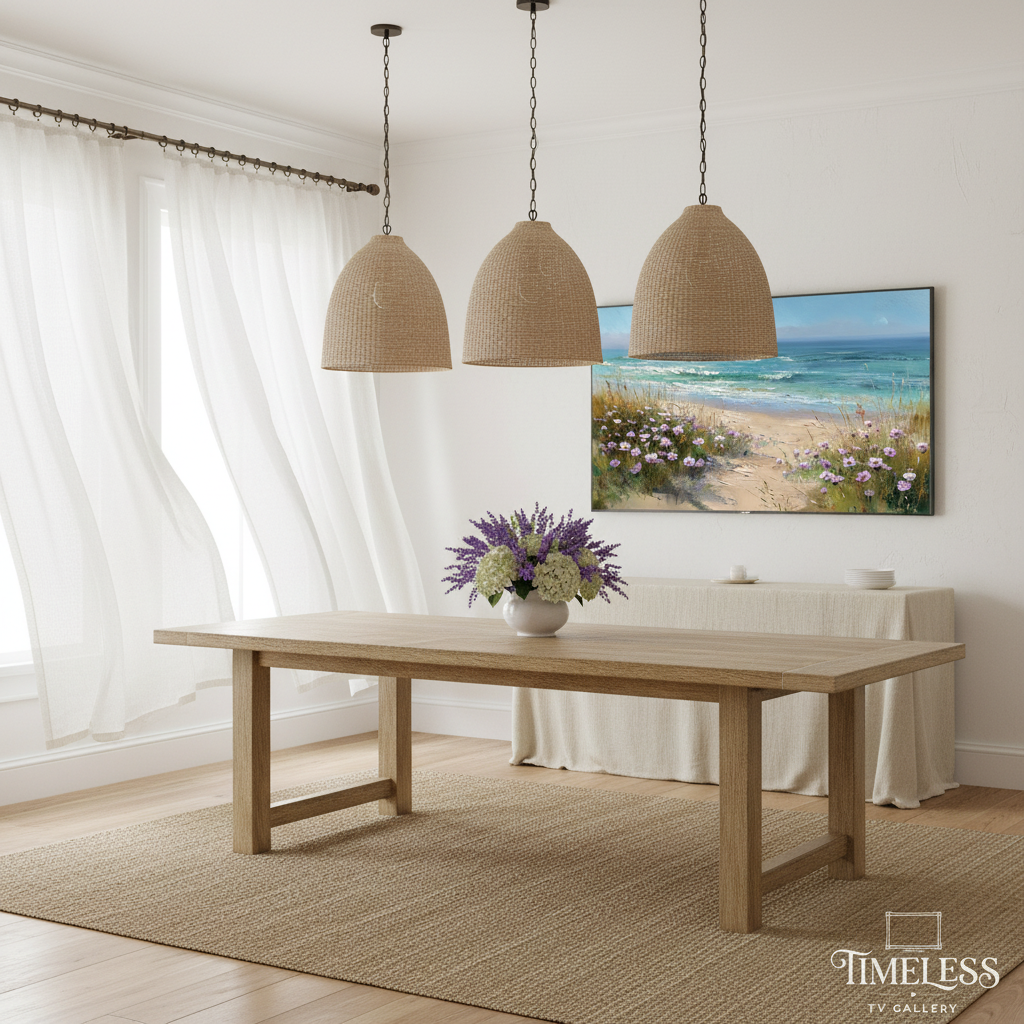 Samsung Frame TV art mockup in coastal dining room