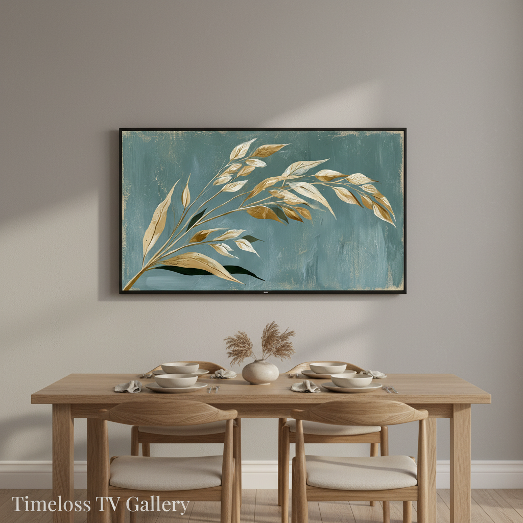 Golden Reed in the Teal Wind #551 displayed on Samsung Frame TV in a modern coastal dining room