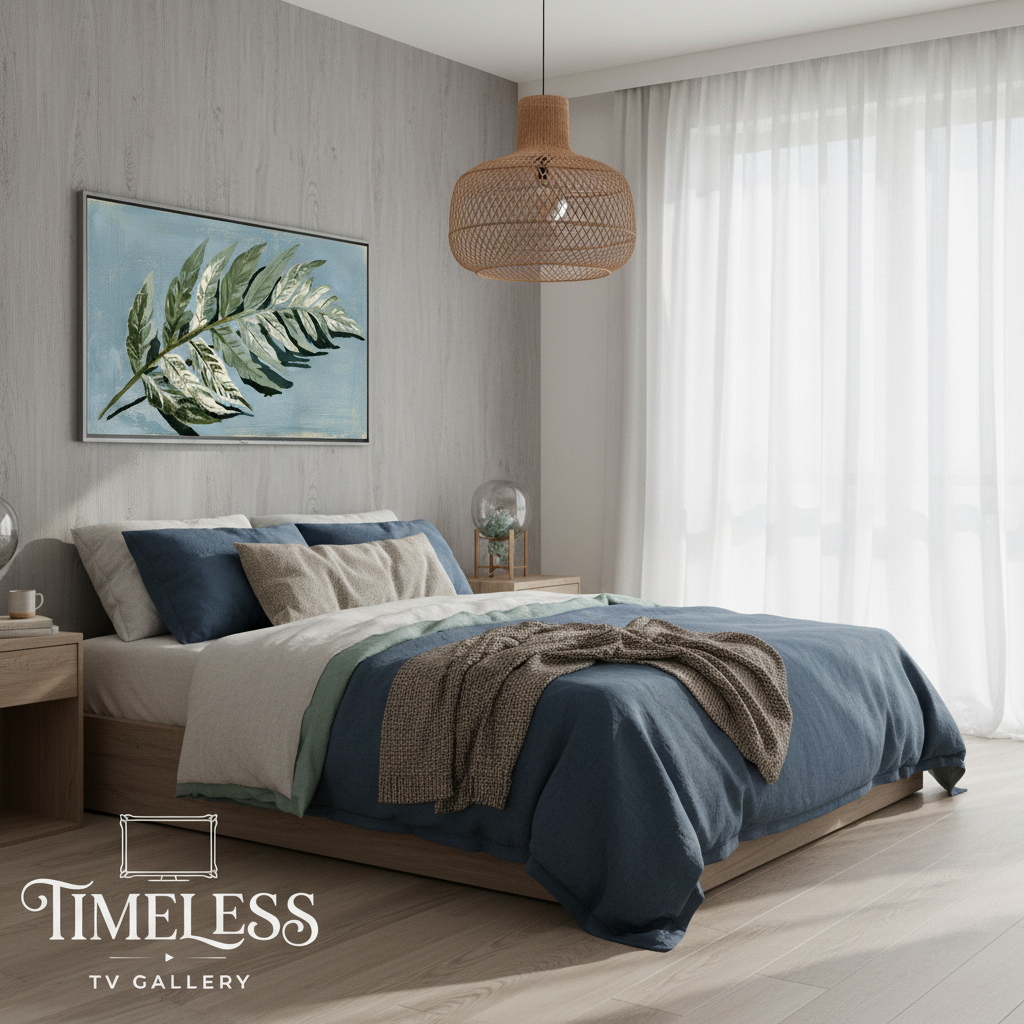 Silver Frond in Dusty Blue displayed on Samsung Frame TV in a modern coastal bedroom