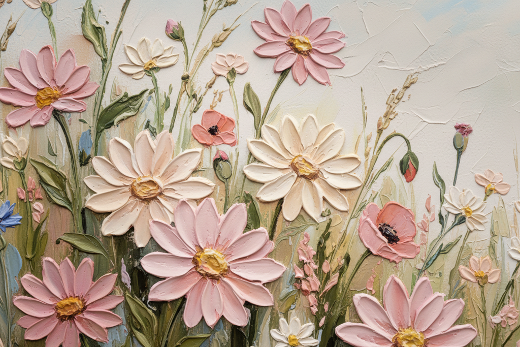 Close-up detail of Delicate Meadow Composition showing delicate floral texture and refined pastel colors