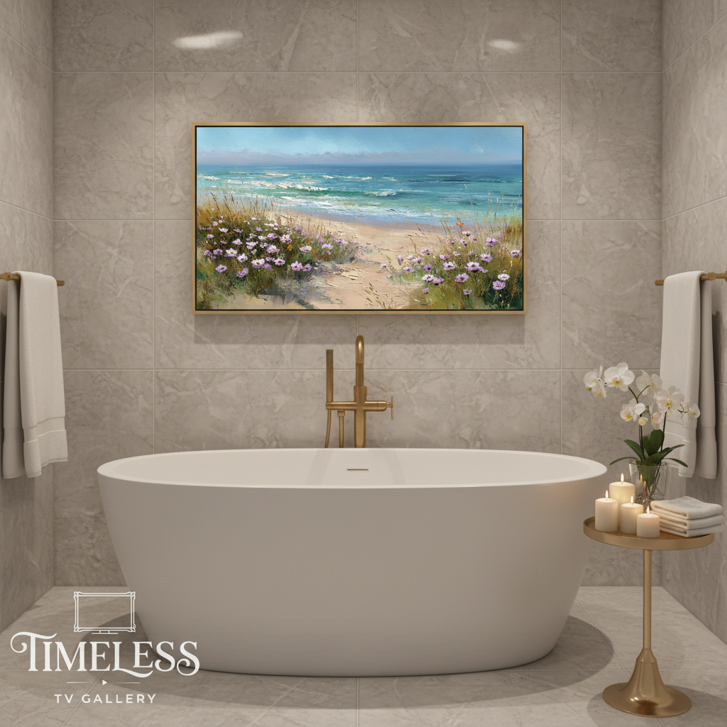 Samsung Frame TV art mockup in elegant master bathroom