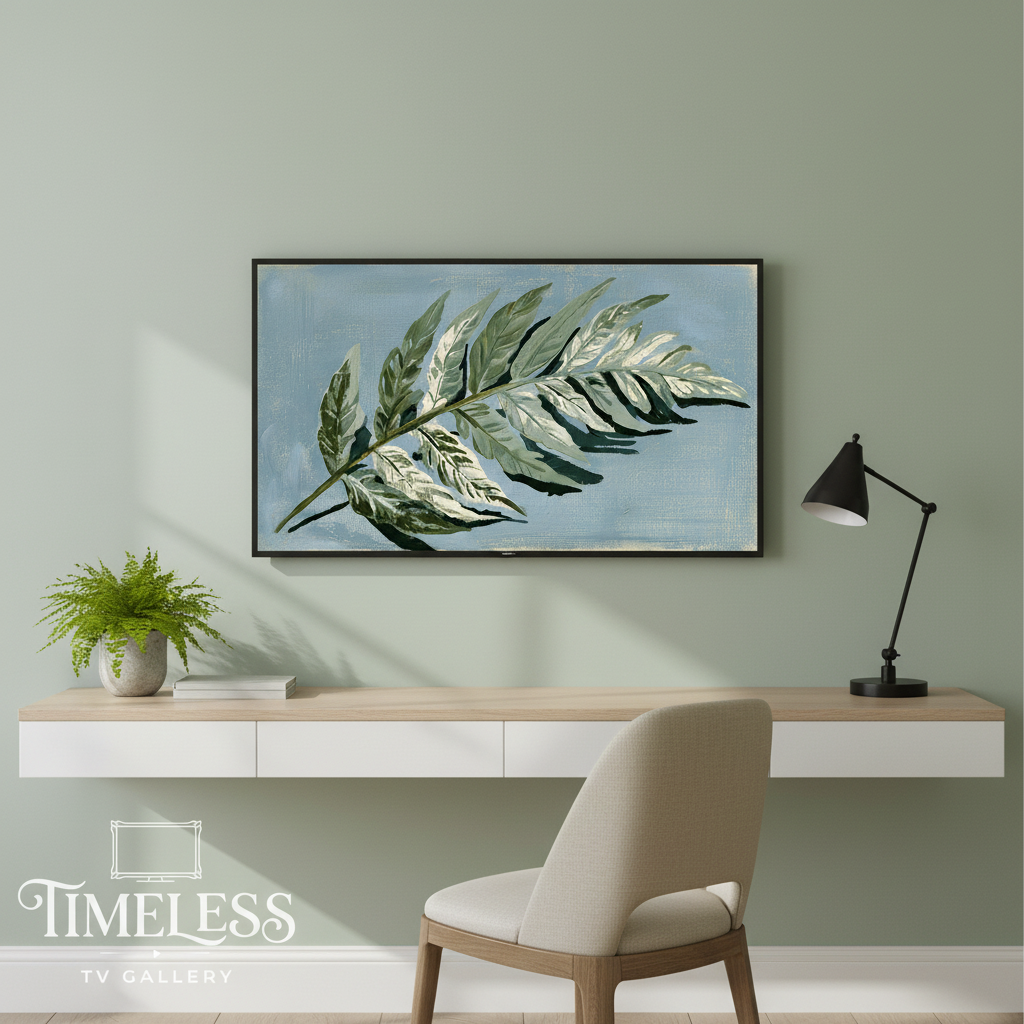 Silver Frond in Dusty Blue displayed on Samsung Frame TV in a minimalist home office
