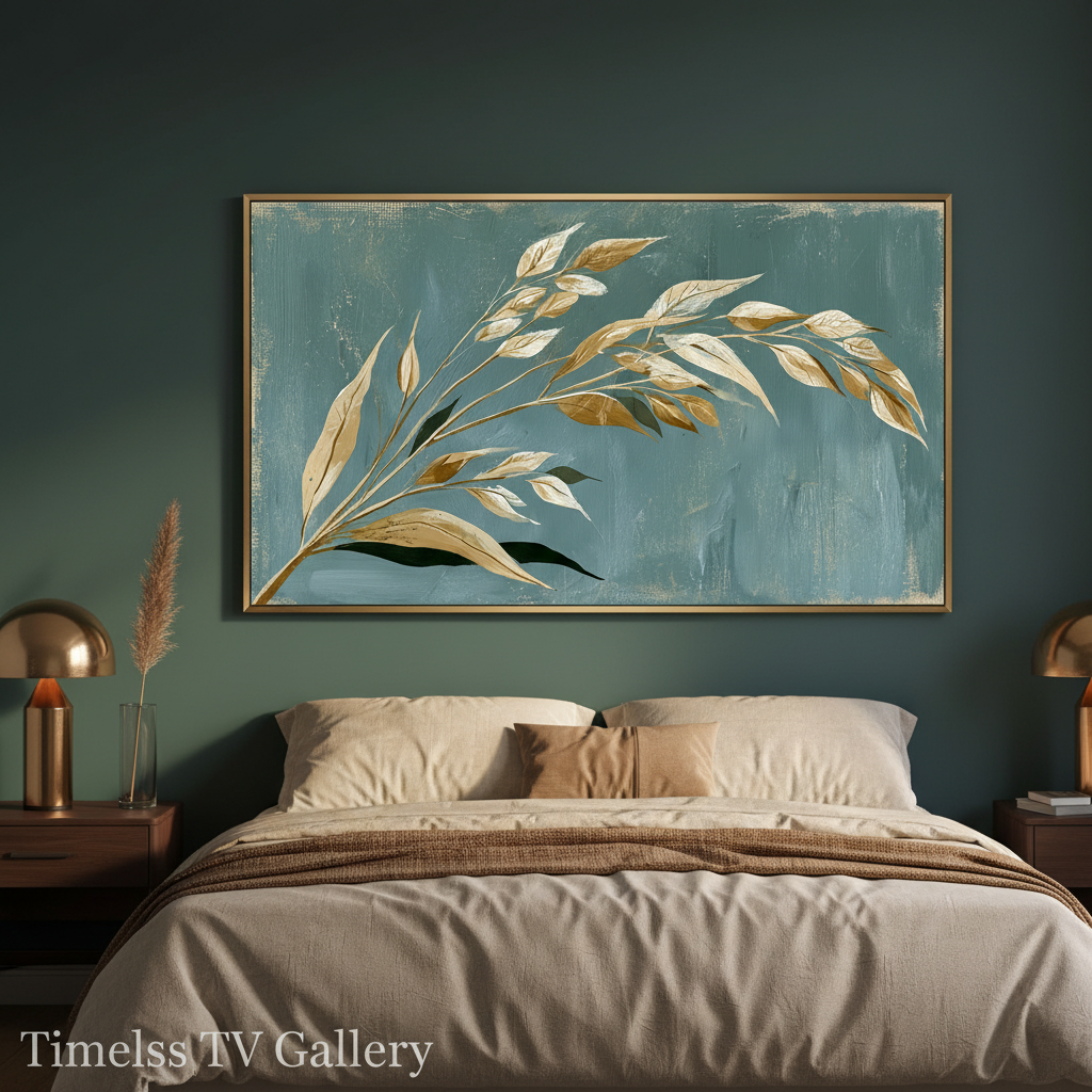 Golden Reed in the Teal Wind #551 displayed on Samsung Frame TV in a luxury minimalist bedroom