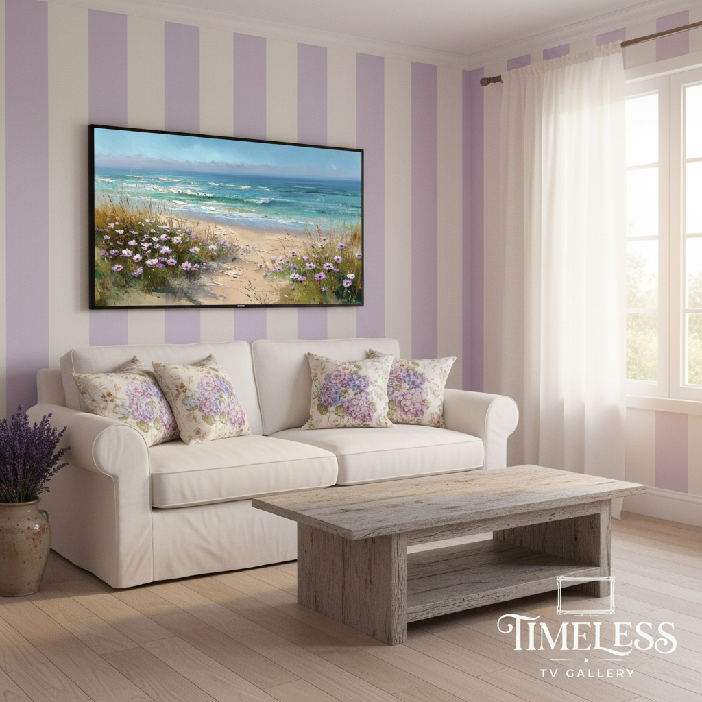 Samsung Frame TV art mockup in coastal cottage living room