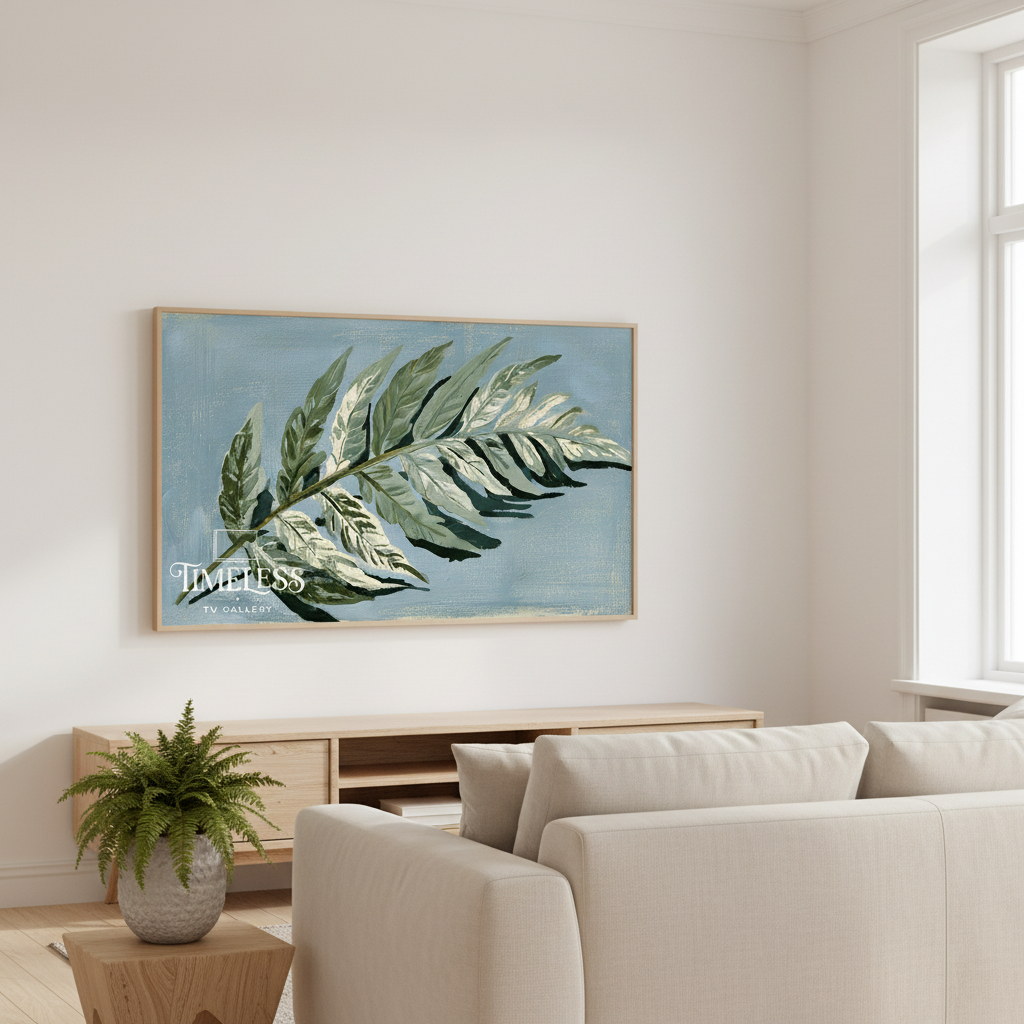 Silver Frond in Dusty Blue displayed on Samsung Frame TV in a bright Scandinavian living room
