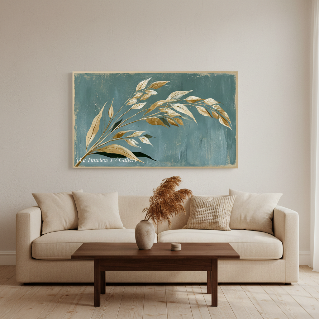 Golden Reed in the Teal Wind #551 displayed on Samsung Frame TV in a serene Japandi living room