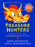Book cover of 'Treasure Hunters: Secret of the Forbidden City' with a dragon illustration on a blue background.